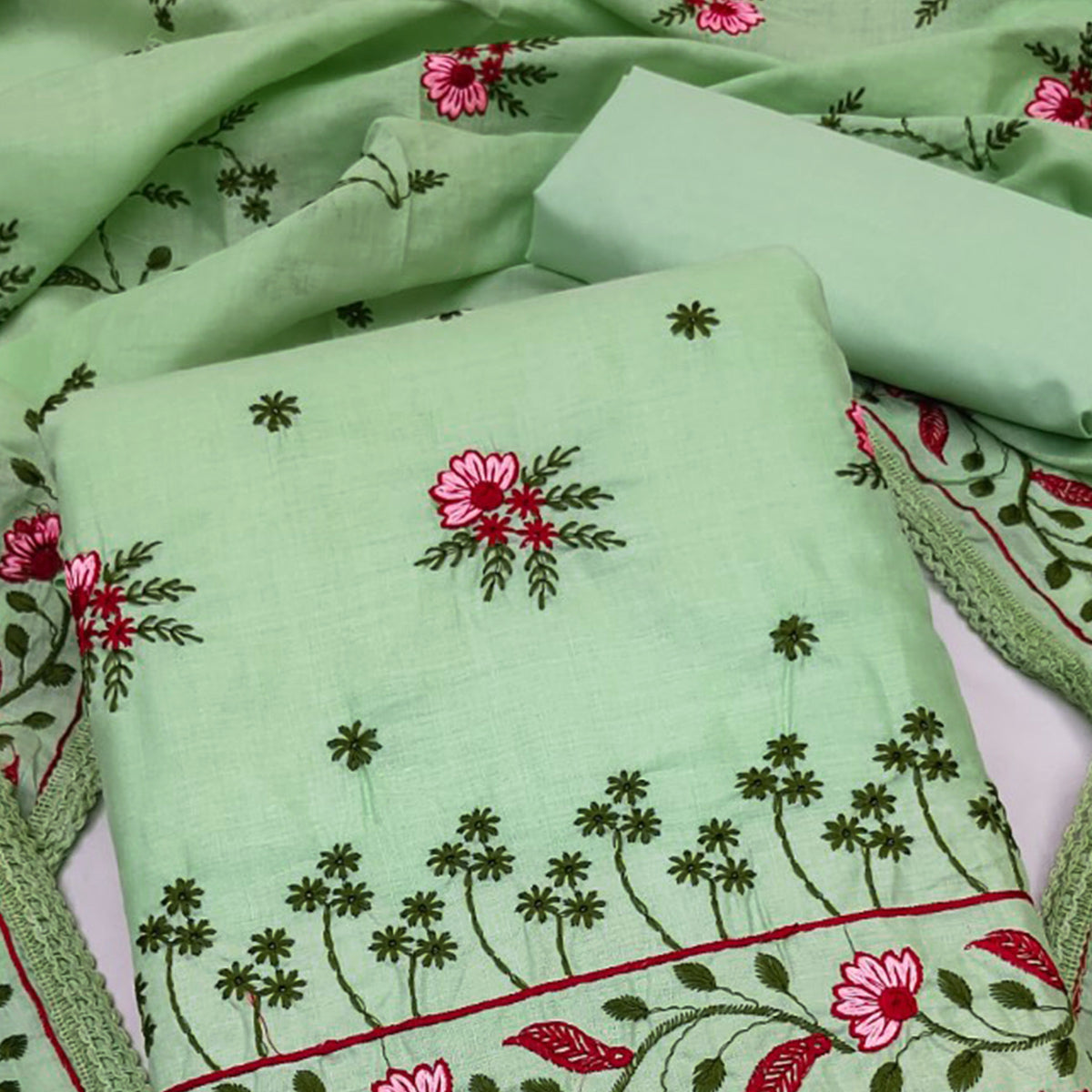 Green Cotton Blend Dress Material With Delicate Floral Thread Embroidery