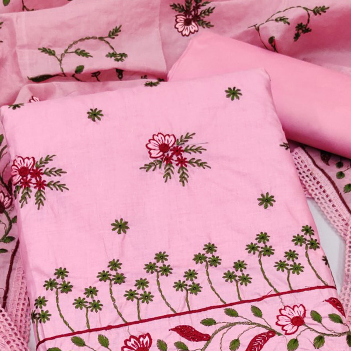 Pink Cotton Blend Dress Material With Delicate Floral Thread Embroidery