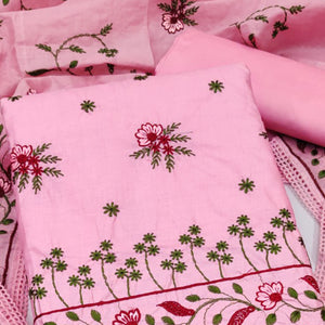 Pink Cotton Blend Dress Material With Delicate Floral Thread Embroidery