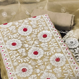 Chikoo Organza Dress Material With Intricate Floral Thread Embroidery