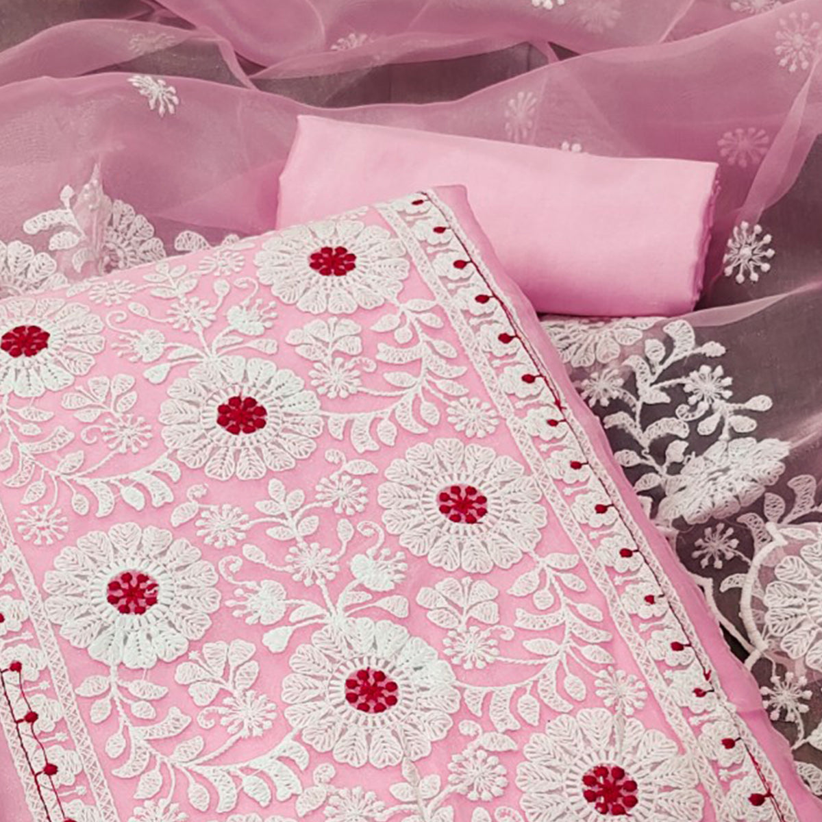 Pink Organza Dress Material With Intricate Floral Thread Embroidery