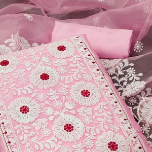 Pink Organza Dress Material With Intricate Floral Thread Embroidery
