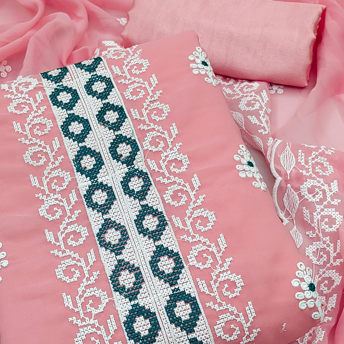 Pink Georgette Dress Material With Delicate Floral Thread Embroidery