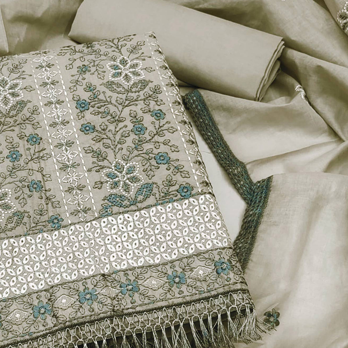 Grey Floral Embroidered Pure Cotton Dress Material