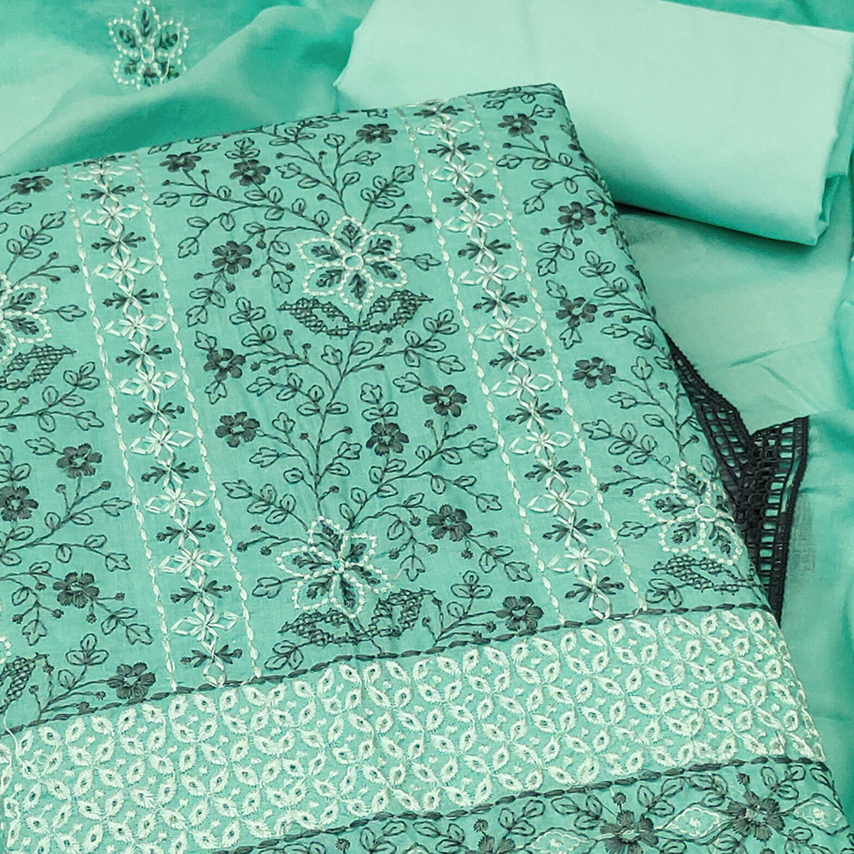 Sea Green Cotton Suit Fabric with Embroidered Floral Patterns