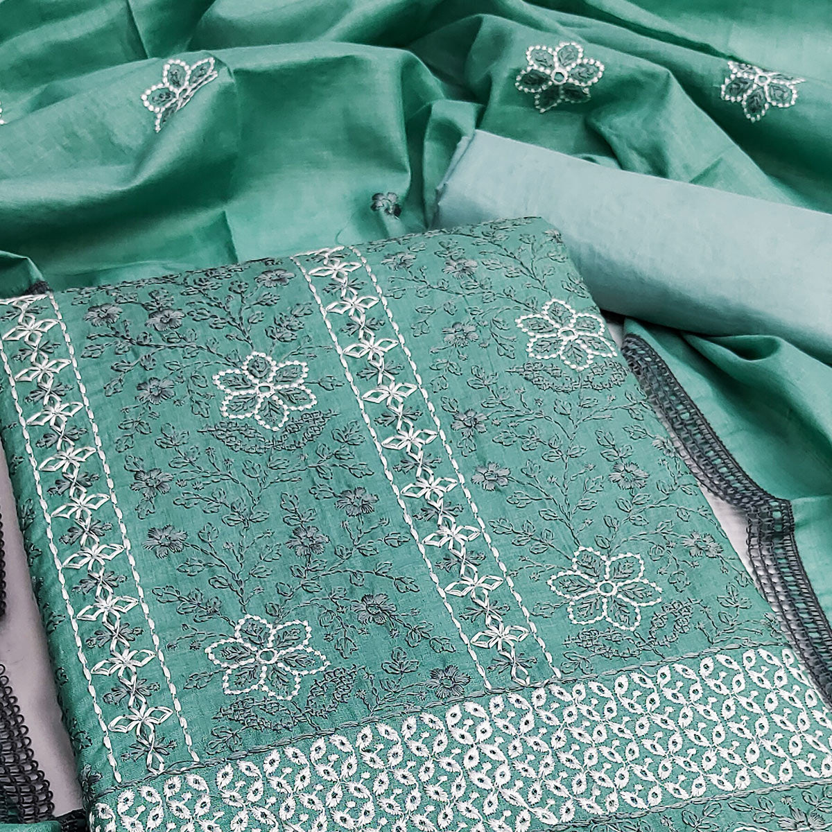 Turquoise Floral Embroidered Pure Cotton Dress Material