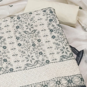 White Cotton Suit Fabric with Embroidered Floral Patterns