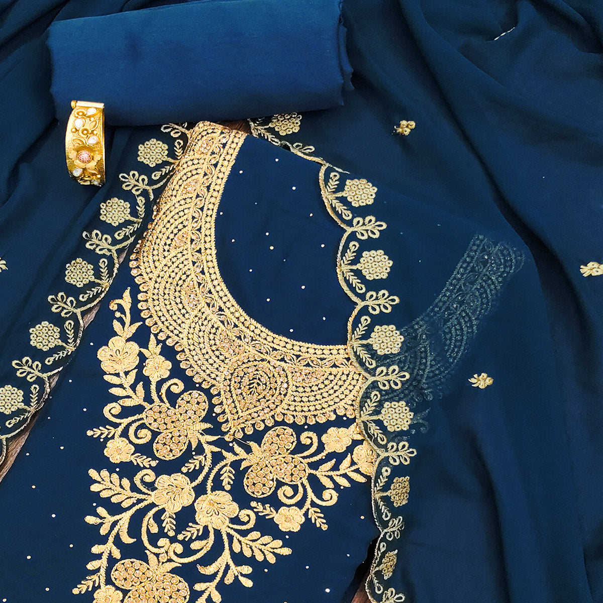 Blue Floral Embroidered Georgette Dress Material