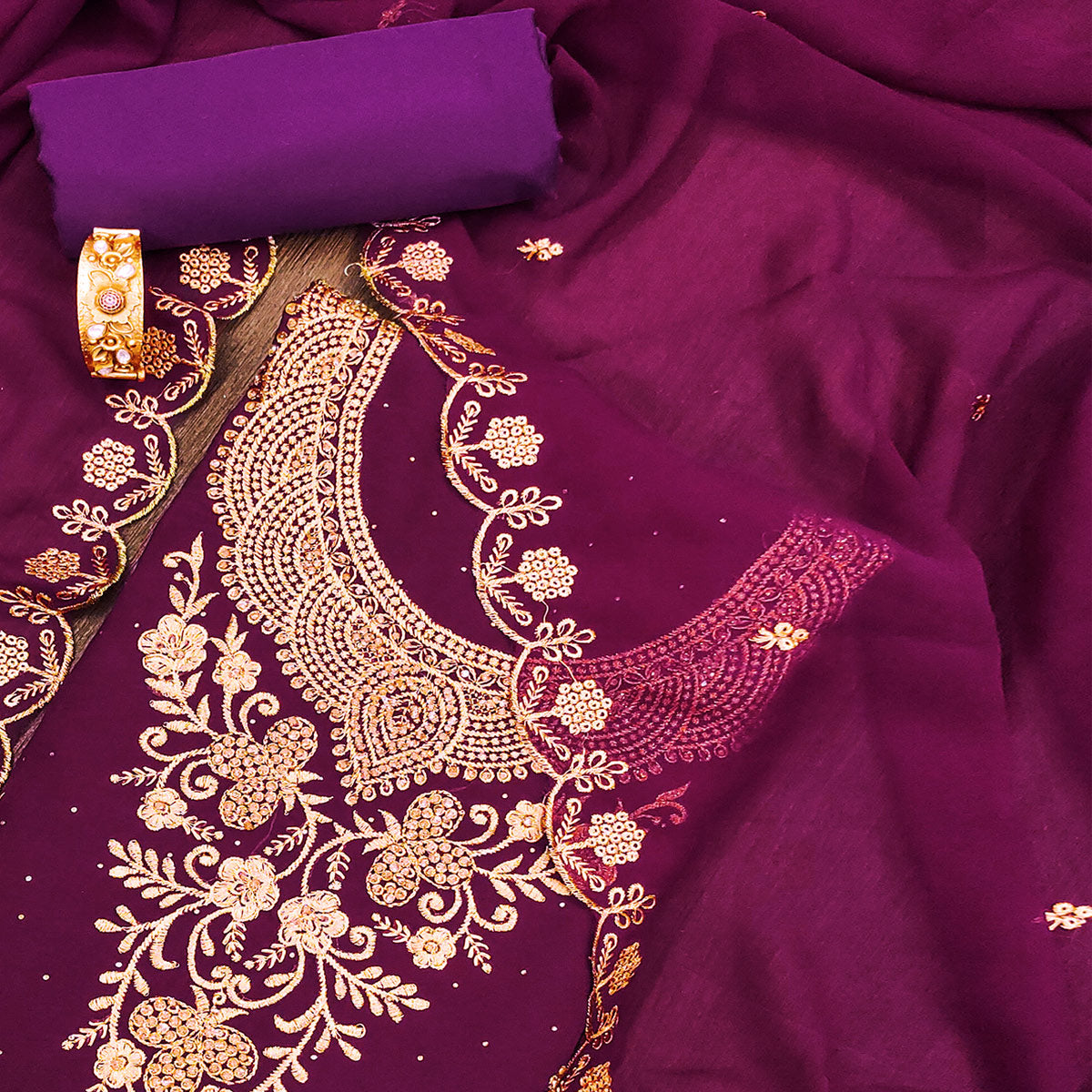 Purple Floral Embroidered Georgette Dress Material
