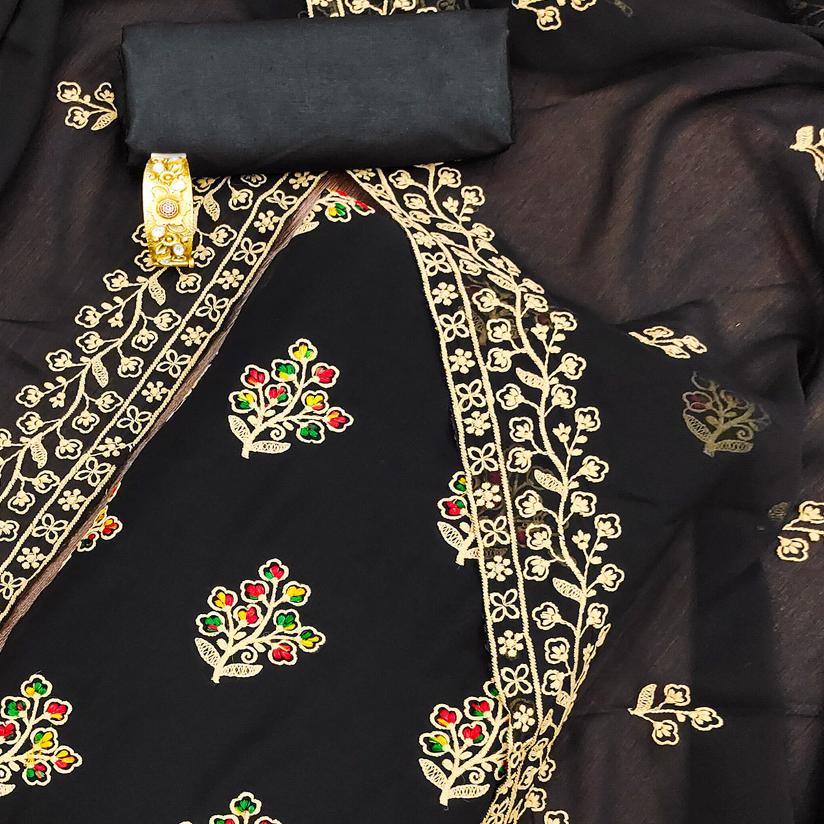 Black Floral Embroidered Georgette Dress Material