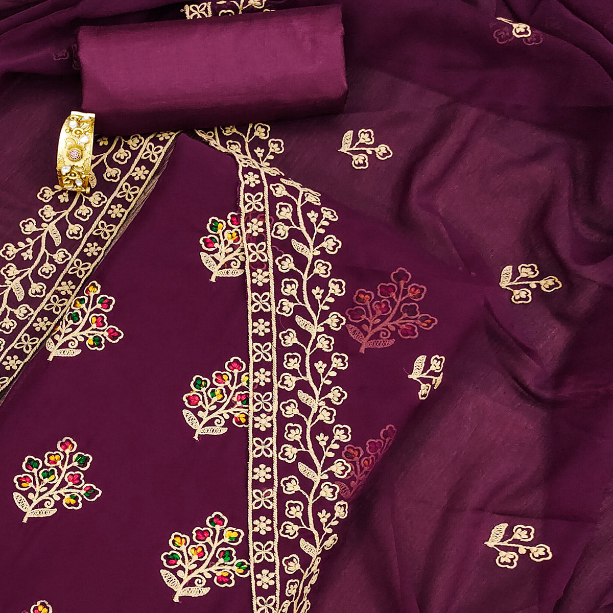 Purple Floral Embroidered Georgette Dress Material