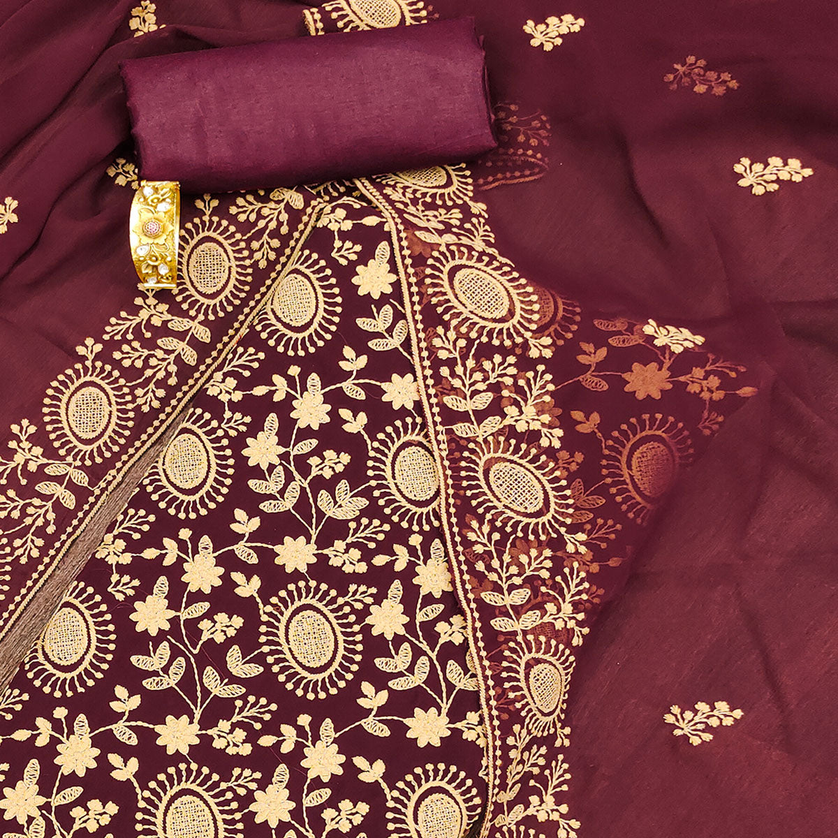 Maroon Floral Embroidered Georgette Dress Material