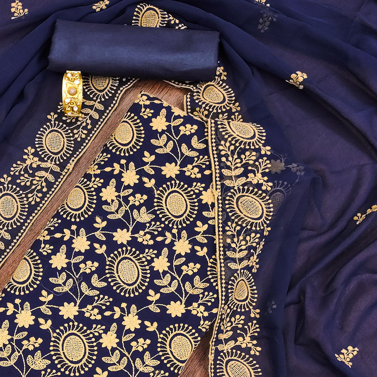 Navy Blue Floral Embroidered Georgette Dress Material