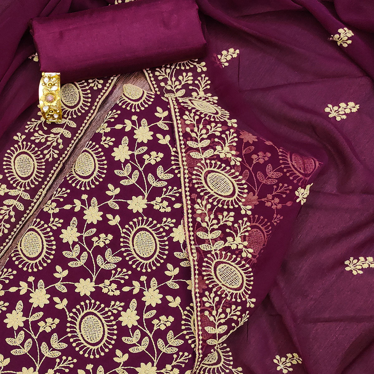 Purple Floral Embroidered Georgette Dress Material