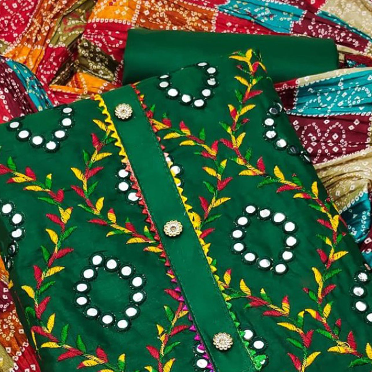 Green Embroidered Cotton Blend Dress Material