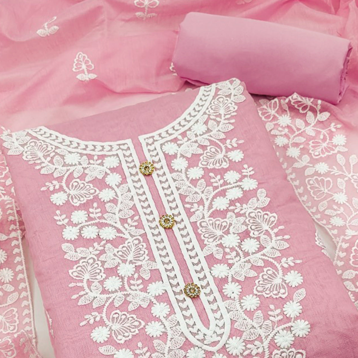 Baby Pink Floral Embroidered Chanderi Cotton Dress Material