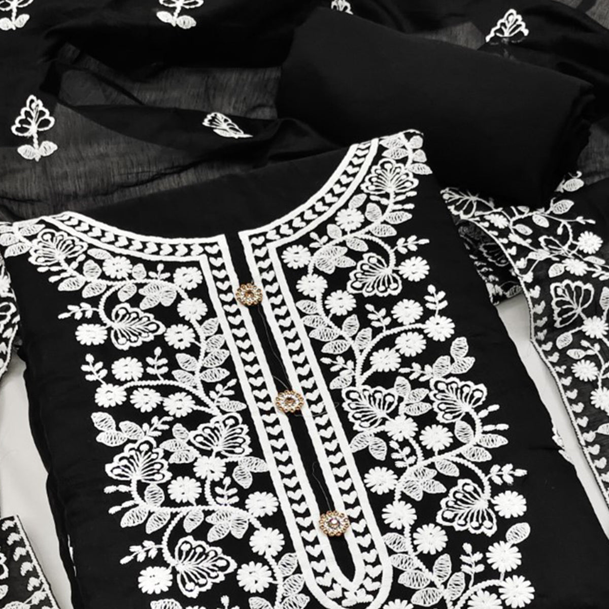 Black Floral Embroidered Chanderi Cotton Dress Material
