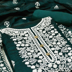 Dark Green Floral Embroidered Chanderi Cotton Dress Material