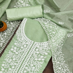 Green Floral Embroidered Chanderi Cotton Dress Material