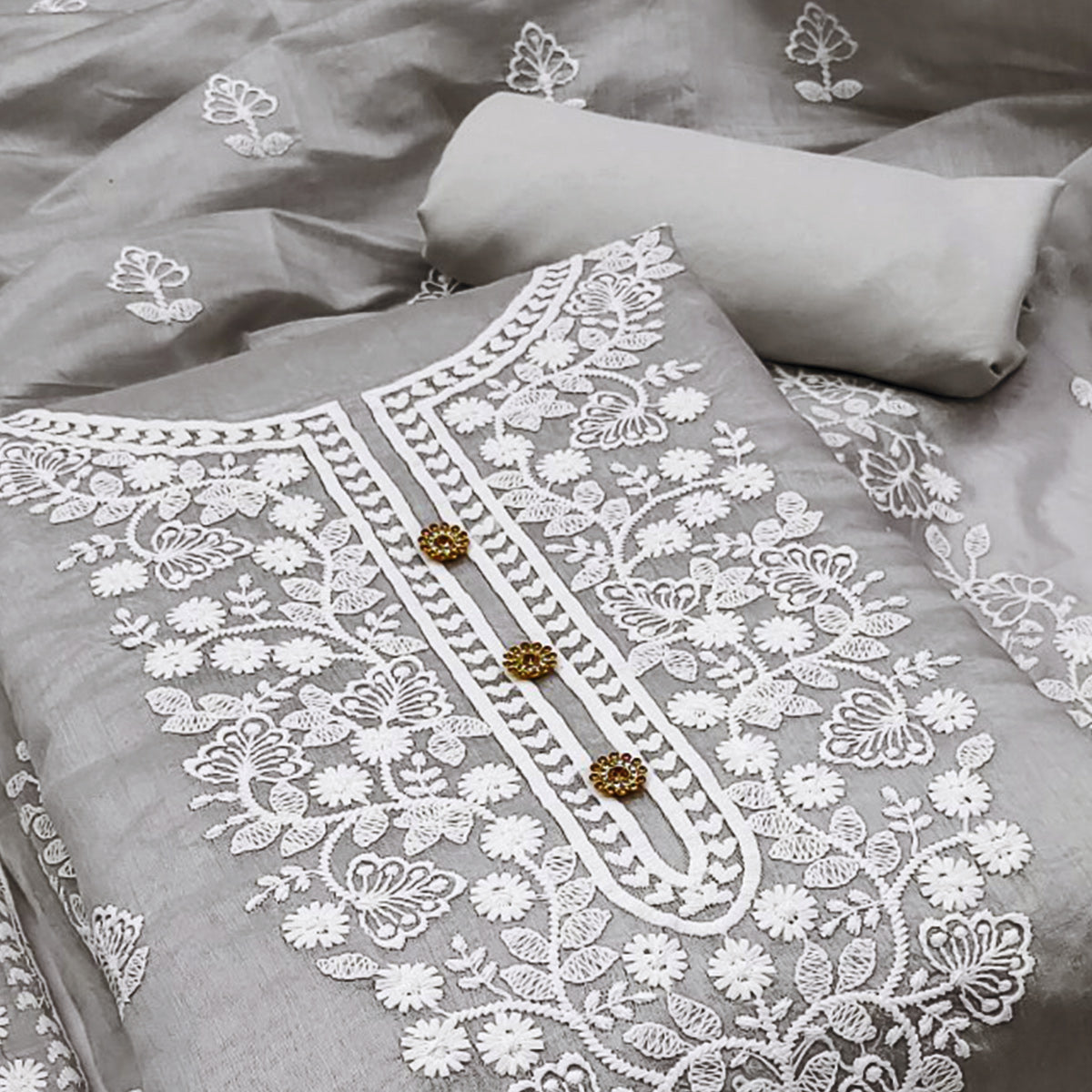 Grey Floral Embroidered Chanderi Cotton Dress Material