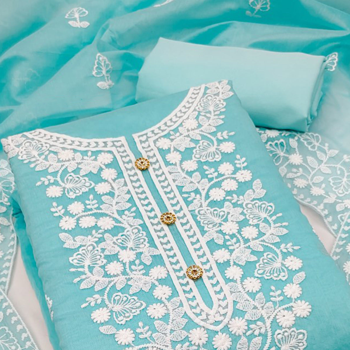 Sky Blue Floral Embroidered Chanderi Cotton Dress Material