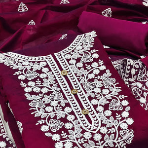 Wine Floral Embroidered Chanderi Cotton Dress Material
