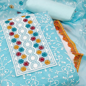 Sky Blue Chanderi Cotton Dress Material With Floral Thread Embroidery