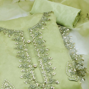 Green Organza Silk Dress Material With Exquisite Floral Embroidery & Sequin Work