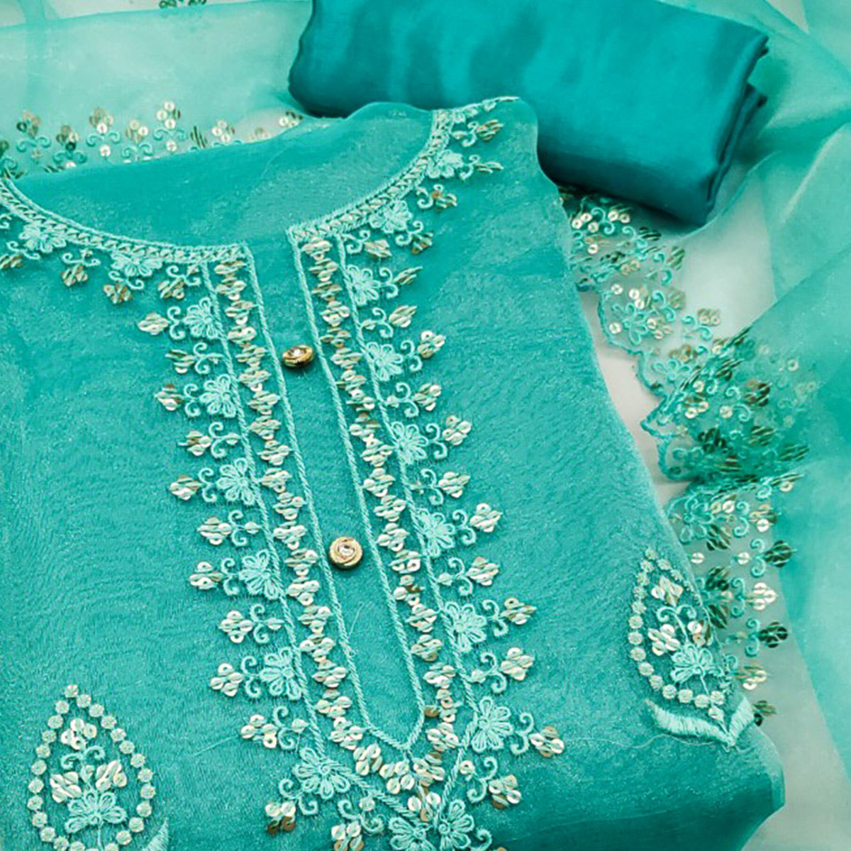 Turquoise Organza Silk Dress Material With Exquisite Floral Embroidery & Sequin Work