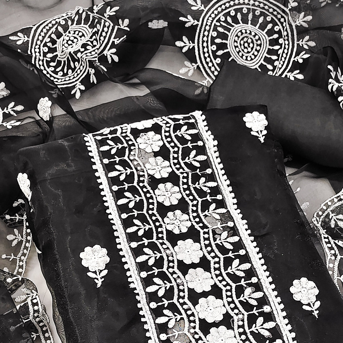 Black Organza Dress Material With Intricate Floral Thread Embroidery