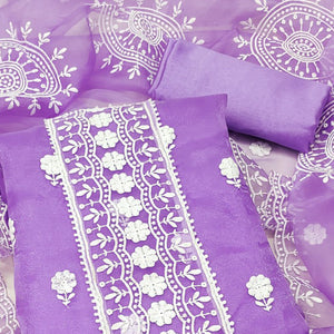 Lavender Organza Dress Material With Intricate Floral Thread Embroidery