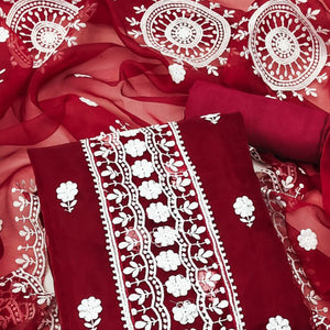 Maroon Organza Dress Material With Intricate Floral Thread Embroidery