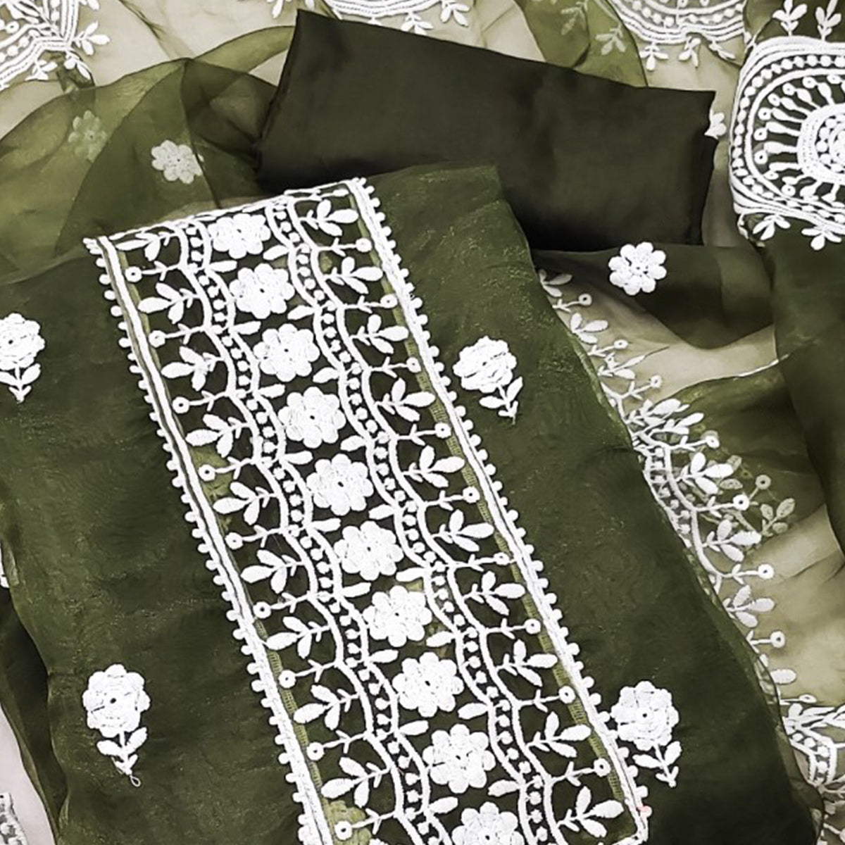 Mehendi Green Organza Dress Material With Intricate Floral Thread Embroidery