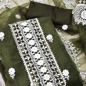 Mehendi Green Organza Dress Material With Intricate Floral Thread Embroidery