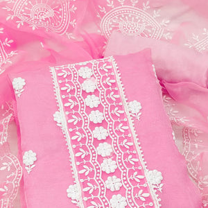 Pink Organza Dress Material With Intricate Floral Thread Embroidery