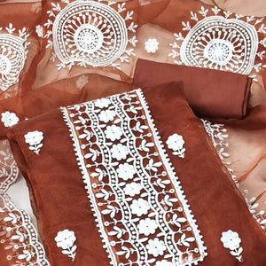 Rust Organza Dress Material With Intricate Floral Thread Embroidery