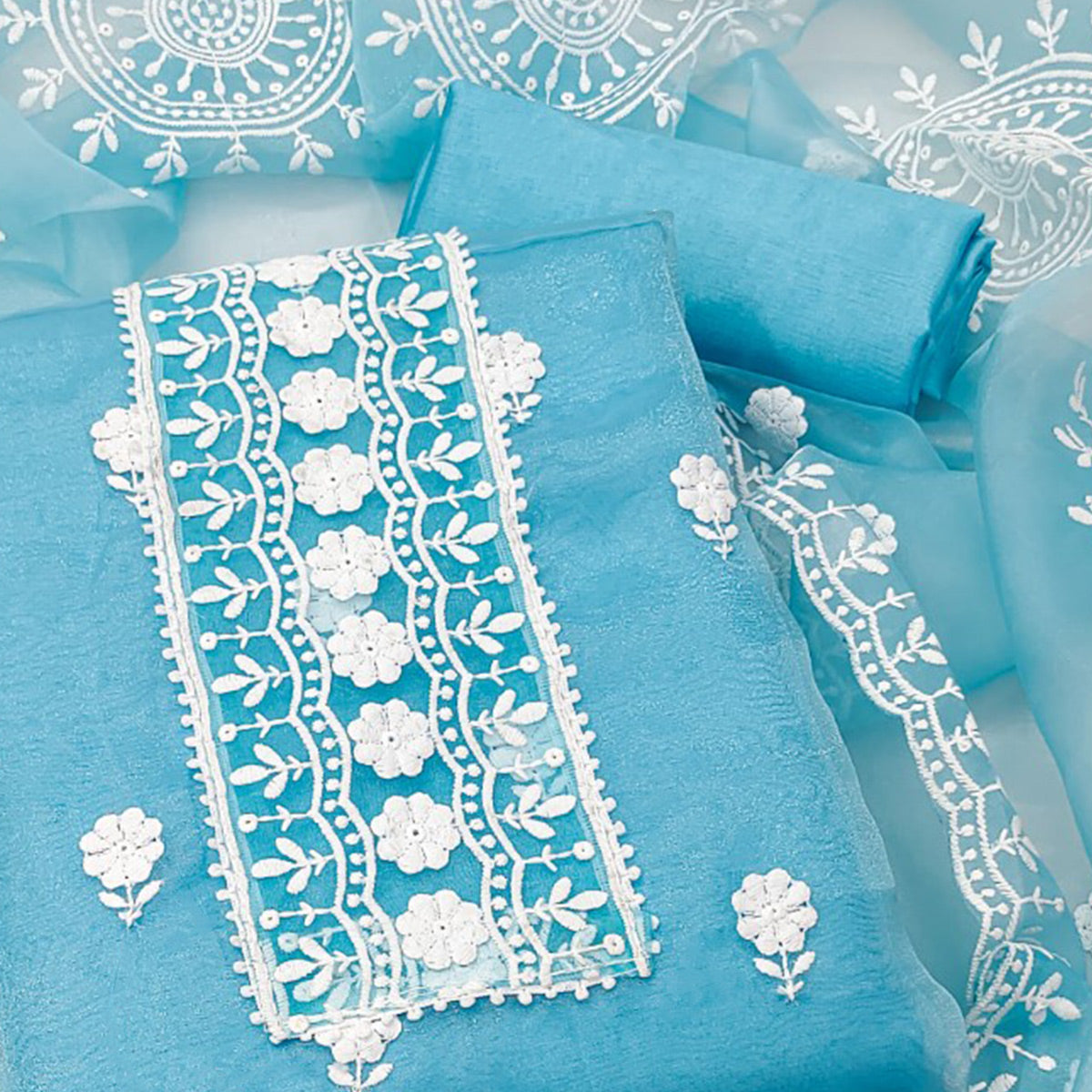 Sky Blue Organza Dress Material With Intricate Floral Thread Embroidery