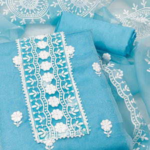 Sky Blue Organza Dress Material With Intricate Floral Thread Embroidery