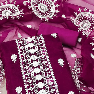 Wine Organza Dress Material With Intricate Floral Thread Embroidery