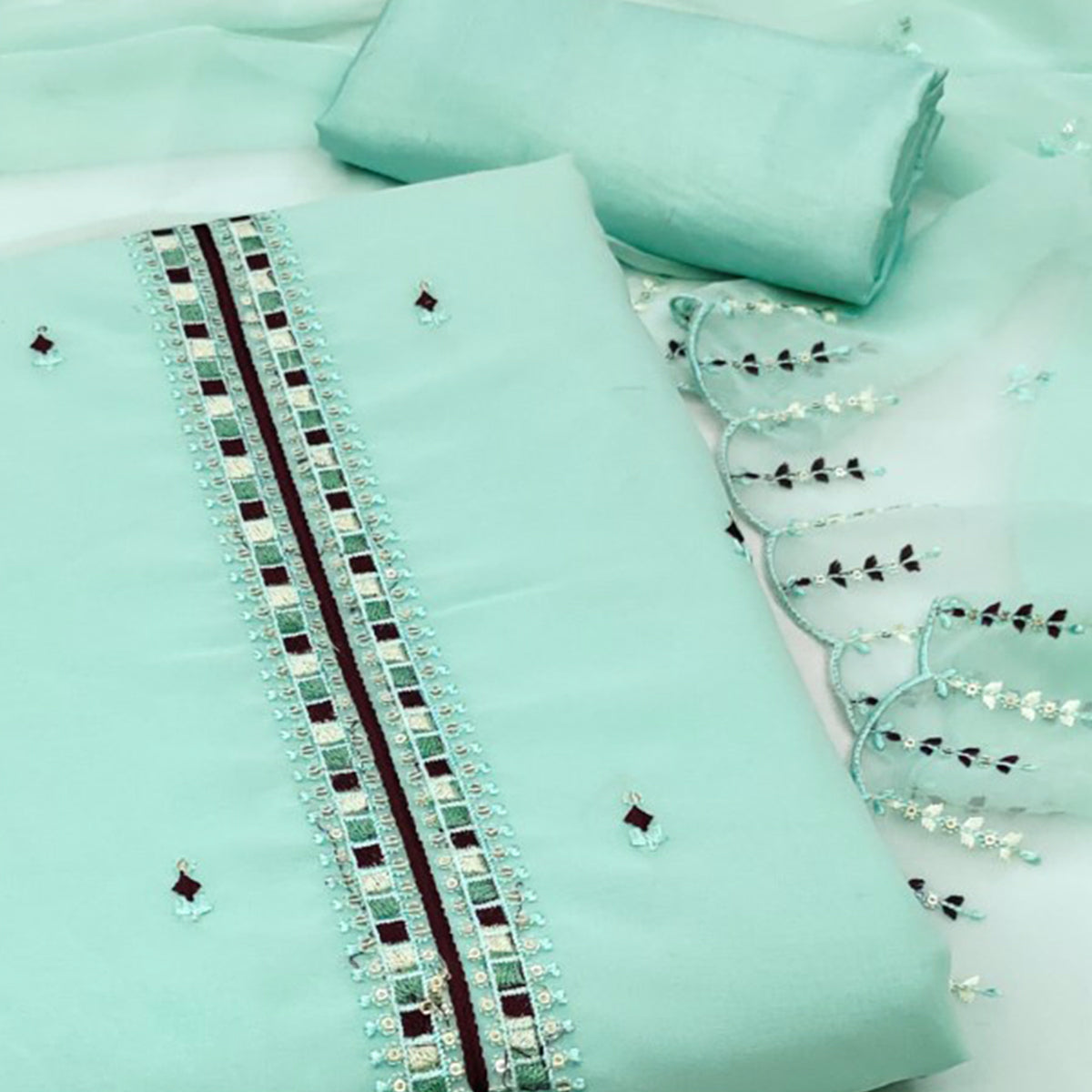 Turquoise Sequins & Thread Embroidered Georgette Dress Material