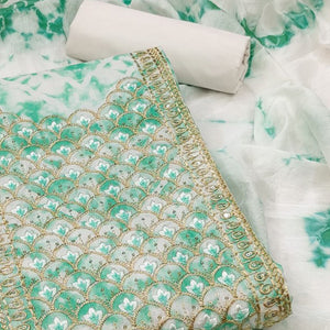 Sea Green Printed With Embroidery Cotton Blend Dress Material