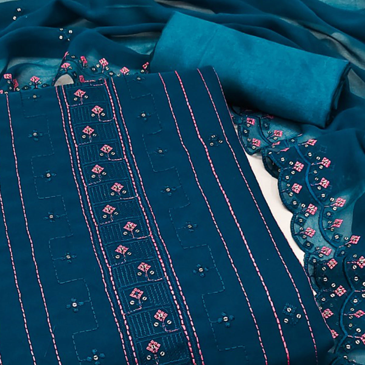 Blue Sequins Embroidered Georgette Dress Material