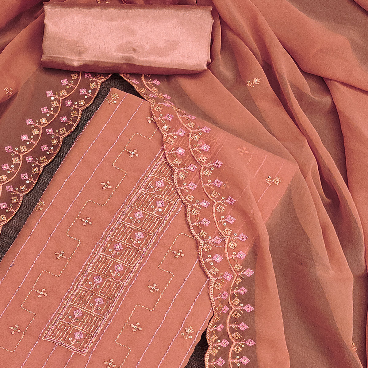 Dusty Orange Sequins Embroidered Georgette Dress Material