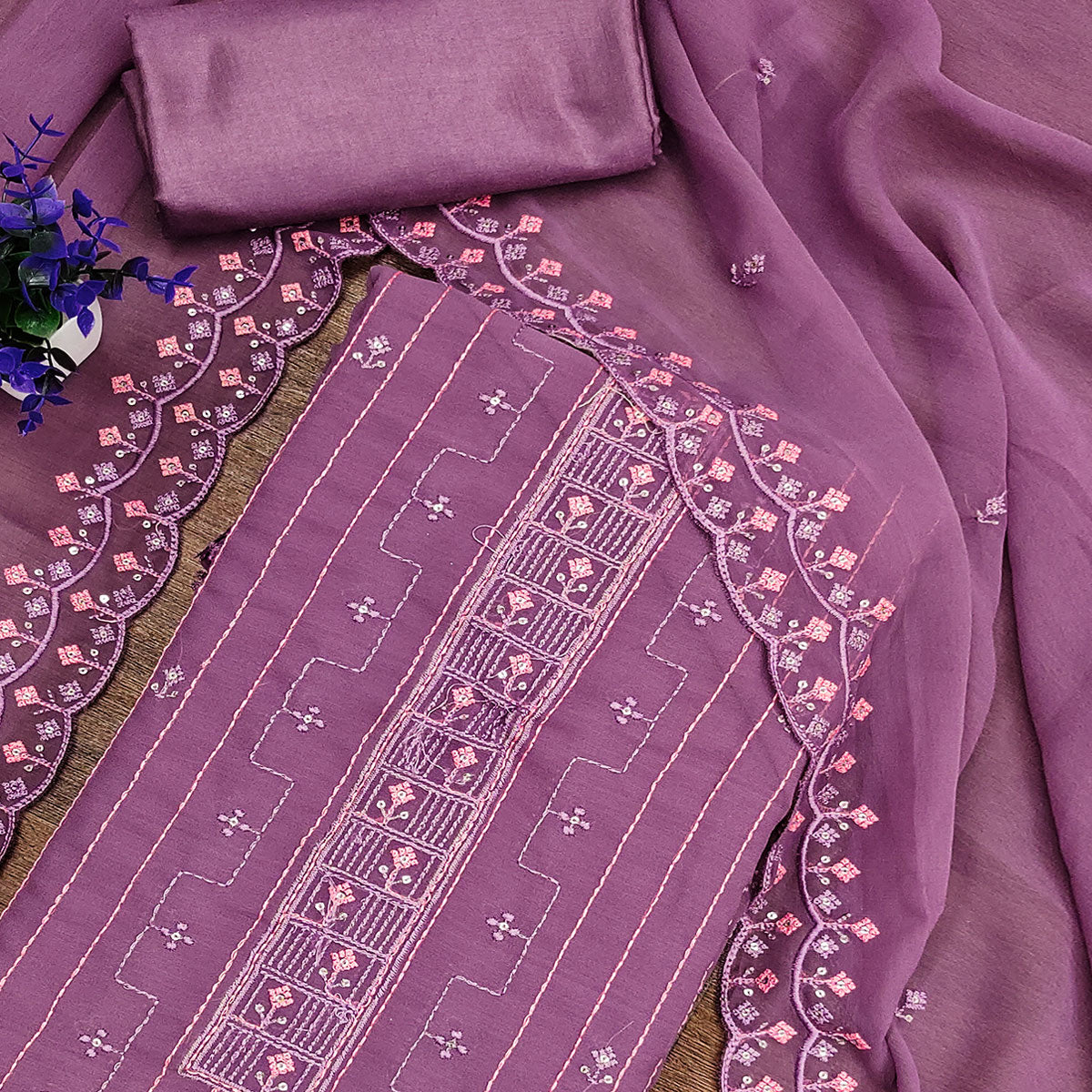 Light Purple Sequins Embroidered Georgette Dress Material