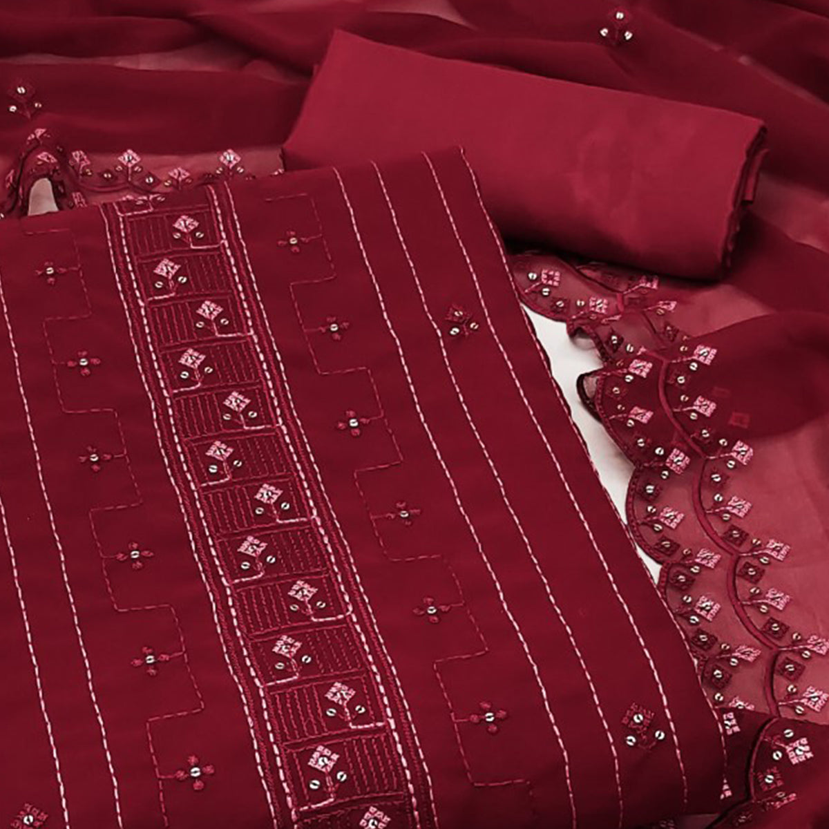 Maroon Sequins Embroidered Georgette Dress Material