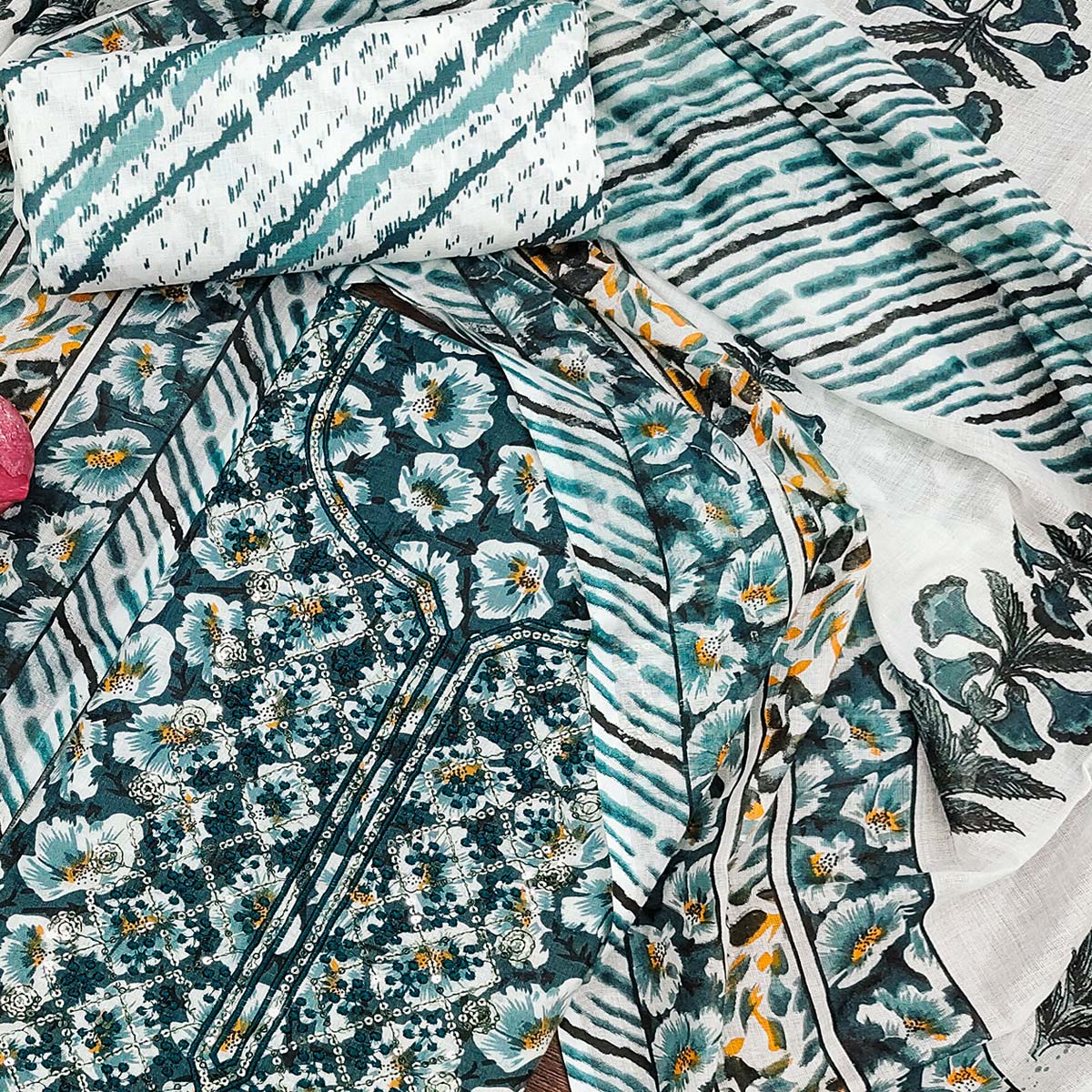Morpich Printed With Embroidered Cotton Blend Dress Material