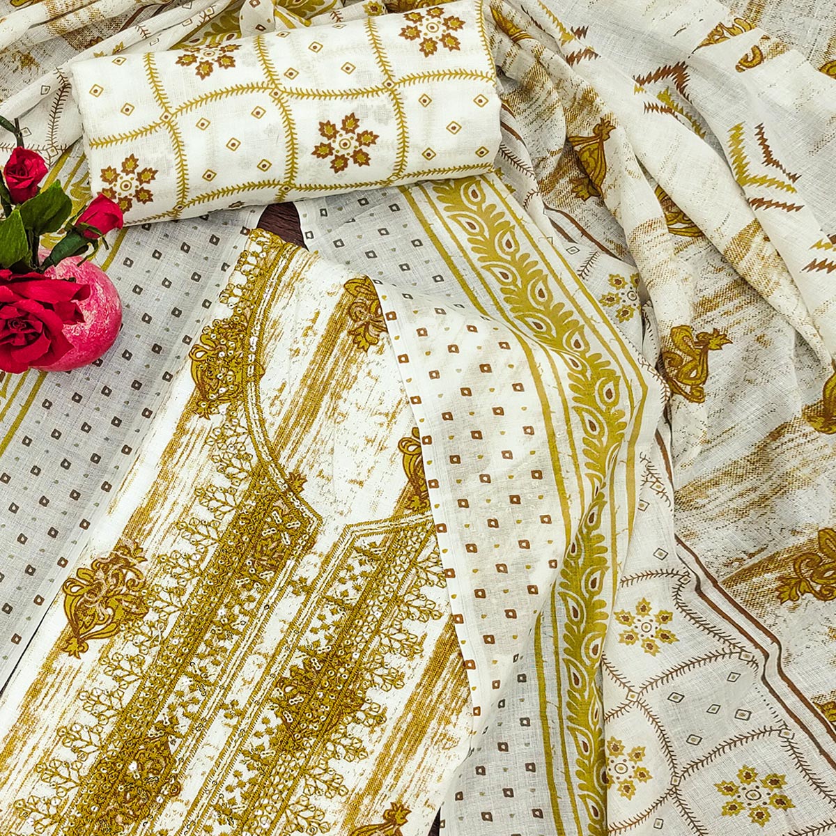 Olive Printed With Embroidered Cotton Blend Dress Material