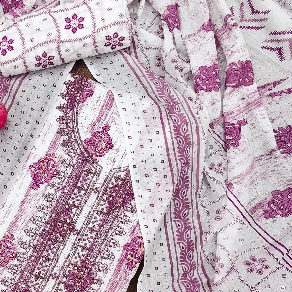 Purple Printed With Embroidered Cotton Blend Dress Material