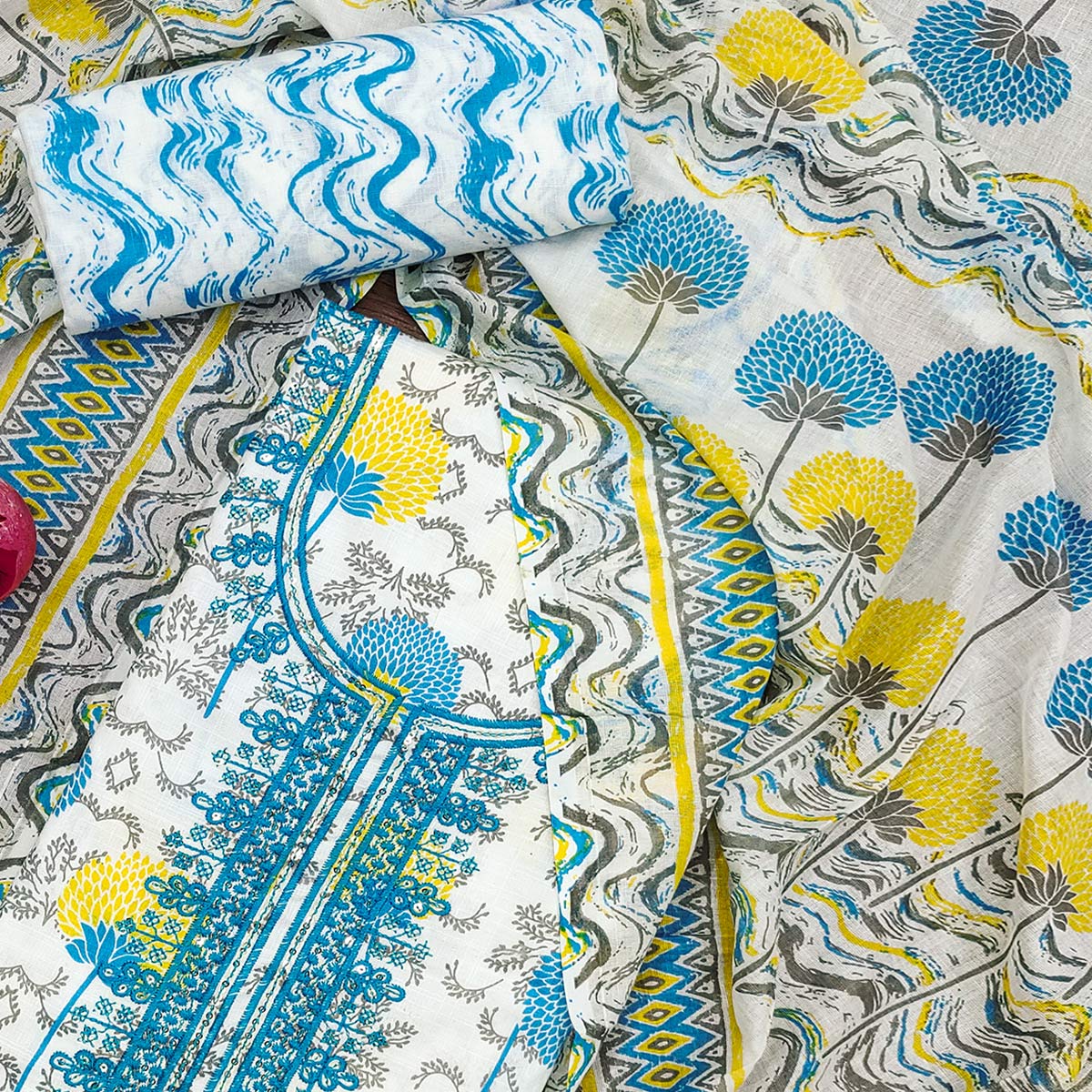 Blue & Yellow Floral Printed With Embroidered Cotton Blend Dress Material