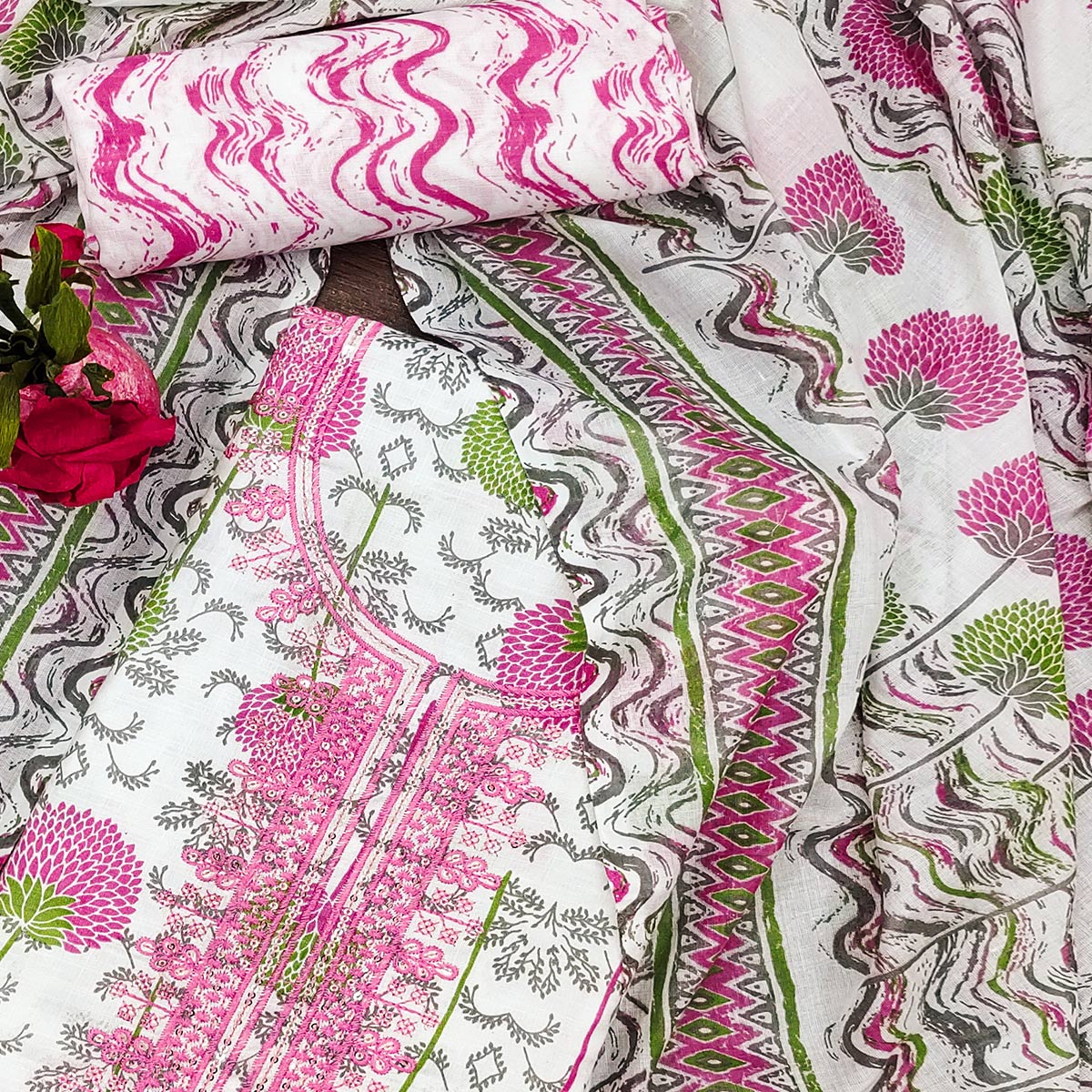 Pink & Green Floral Printed With Embroidered Cotton Blend Dress Material